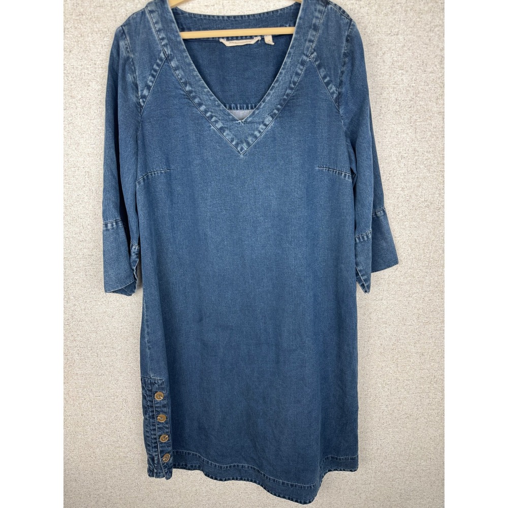 Soft Surroundings Tencel Denim V Neck Shift Tunic Dress Small Blue 3/4 Sleeve